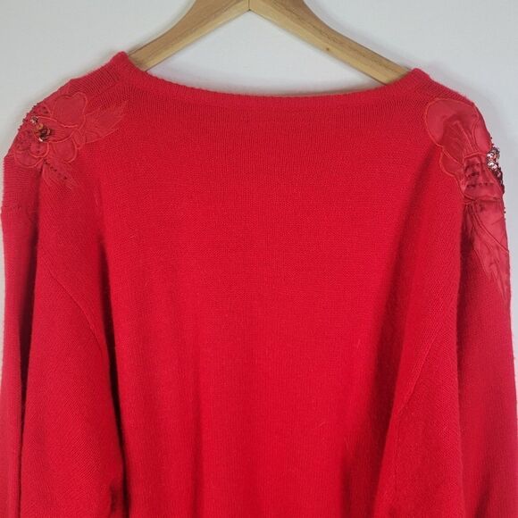 Embellished Shoulder Appliques Vintage Cashmere Blend Bright Red Sweater - Picture 5 of 15